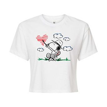 Juniors' Peanuts Snoopy Heart Scribble Cropped Tee