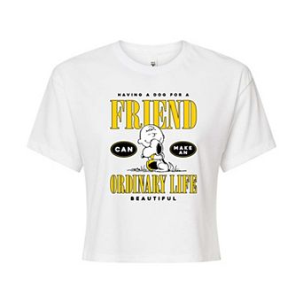 Juniors' Peanuts Having A Dog Friend Cropped Tee
