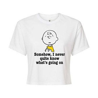 Juniors' Peanuts Charlie Brown What's Going On Cropped Tee