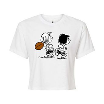 Juniors' Peanuts Marcie & Patty Football Cropped Tee