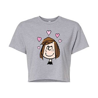 Juniors' Peanuts Peppermint Patty Hearts Cropped Tee