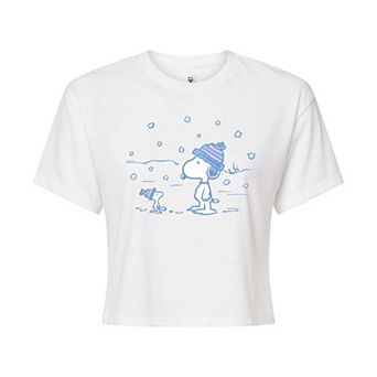 Juniors' Peanuts Snoopy & Woodstock Snow Cropped Tee