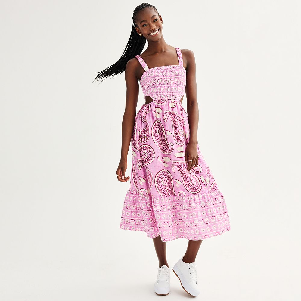 Juniors' SO® Paisley Print Smocked Cutout Tiered Midi Dress
