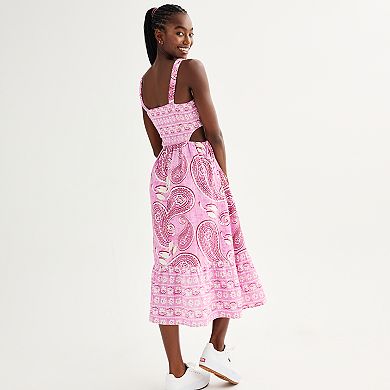 Juniors' SO Paisley Print Smocked Cutout Tiered Midi Dress