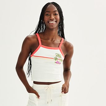 Juniors' SO® Palm Tree Graphic Cropped Tank Top