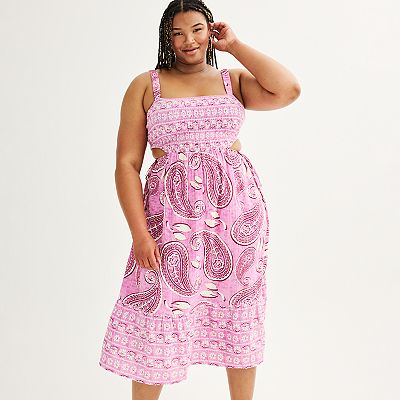 Juniors Plus Size SO Paisley Print Smocked Cutout Tiered Midi Dress