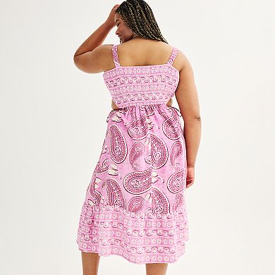 Juniors' Plus Size SO Paisley Print Smocked Cutout Tiered Midi Dress