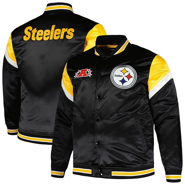 Men s Mitchell Ness Black Pittsburgh Steelers Big Tall Satin Full Snap Jacket