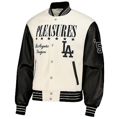 Men's PLEASURES White Los Angeles Dodgers Full-Snap Varsity Jacket