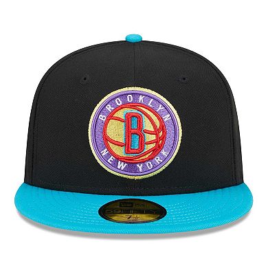 Men's New Era Black/Turquoise Brooklyn Nets Arcade Scheme 59FIFTY Fitted Hat
