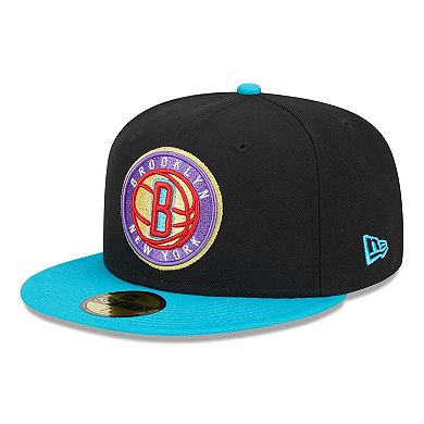 Men's New Era Black/Turquoise Brooklyn Nets Arcade Scheme 59FIFTY Fitted Hat