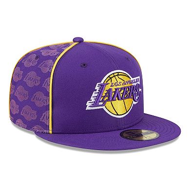 Men's New Era Purple Los Angeles Lakers Piped & Flocked 59Fifty Fitted Hat