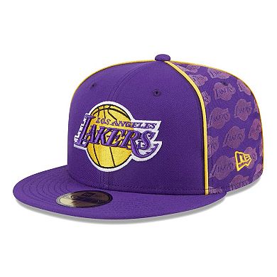 Men's New Era Purple Los Angeles Lakers Piped & Flocked 59Fifty Fitted Hat