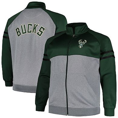 Men's Fanatics Branded Hunter Green/Heather Gray Milwaukee Bucks Big & Tall Pieced Stripe Raglan Full-Zip Track Jacket