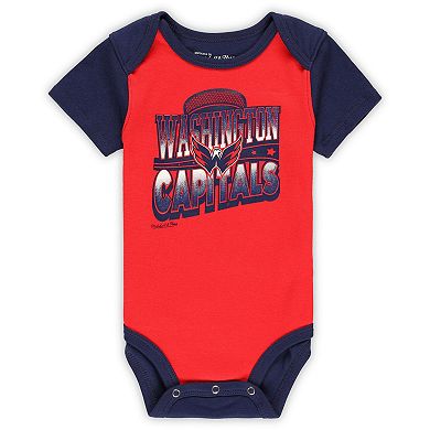 Infant Mitchell & Ness Red/Navy Washington Capitals Big Score 3-Pack Bodysuit, Bib and Bootie Set