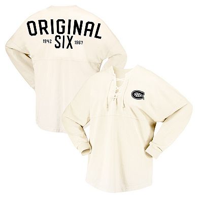 Women's Fanatics Branded Cream Montreal Canadiens Original Six Lace-Up Spirit Jersey Long Sleeve T-Shirt