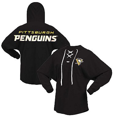 Women's Fanatics Branded Black Pittsburgh Penguins Jersey Lace-Up V-Neck Long Sleeve Hoodie T-Shirt