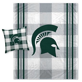 Pegasus Michigan State Spartans Gray Plaid Stripes Blanket and Pillow Combo Set