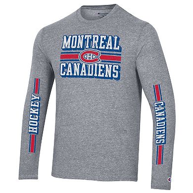 Men's Champion Heather Gray Montreal Canadiens Tri-Blend Dual-Stripe Long Sleeve T-Shirt