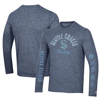 Men's Champion Heather Navy Seattle Kraken Multi-Logo Tri-Blend Long Sleeve T-Shirt