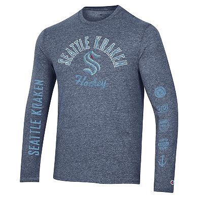 Men's Champion Heather Navy Seattle Kraken Multi-Logo Tri-Blend Long Sleeve T-Shirt