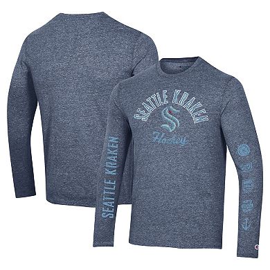 Men's Champion Heather Navy Seattle Kraken Multi-Logo Tri-Blend Long Sleeve T-Shirt