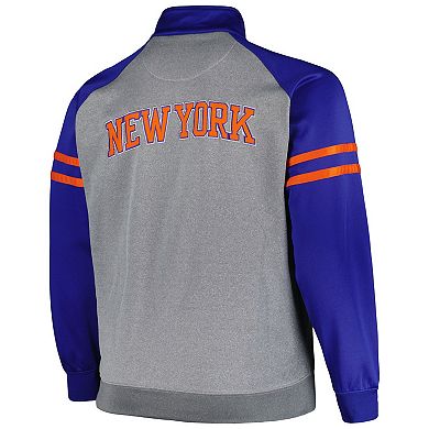 Men's Fanatics Branded Blue/Heather Gray New York Knicks Big & Tall Pieced Stripe Raglan Full-Zip Track Jacket