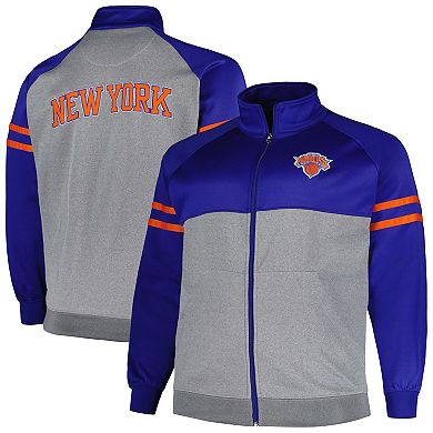Men's Fanatics Branded Blue/Heather Gray New York Knicks Big & Tall Pieced Stripe Raglan Full-Zip Track Jacket