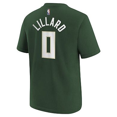 Youth Nike Damian Lillard Hunter Green Milwaukee Bucks Icon Name & Number T-Shirt