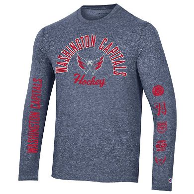 Men's Champion Heather Navy Washington Capitals Multi-Logo Tri-Blend Long Sleeve T-Shirt