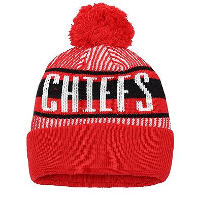 Youth New Era Red Kansas City Chiefs Striped Cuffed Knit Hat with Pom