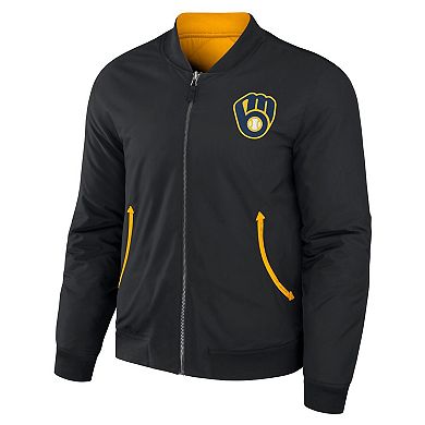 Men's Darius Rucker Collection by Fanatics Black/Gold Milwaukee Brewers Reversible Full-Zip Bomber Jacket