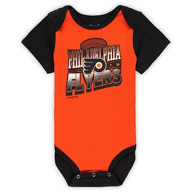 Infant Mitchell & Ness Orange/Black Philadelphia Flyers Big Score 3-Pack Bodysuit, Bib and Bootie Set