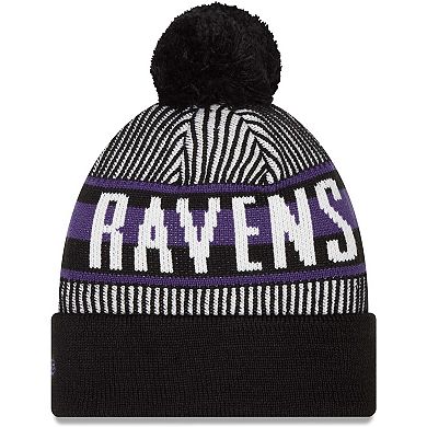 Youth New Era Black Baltimore Ravens Striped  Cuffed Knit Hat with Pom