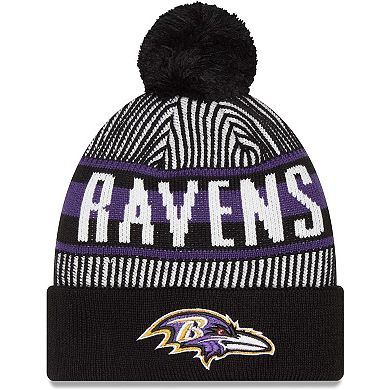 Youth New Era Black Baltimore Ravens Striped  Cuffed Knit Hat with Pom