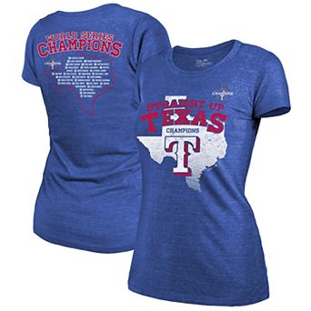 Women's Majestic Threads Royal Texas Rangers 2023 World Series Champions Local Ground Rules Roster Tri-Blend T-Shirt