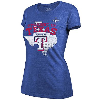 Women's Majestic Threads Royal Texas Rangers 2023 World Series Champions Local Ground Rules Roster Tri-Blend T-Shirt