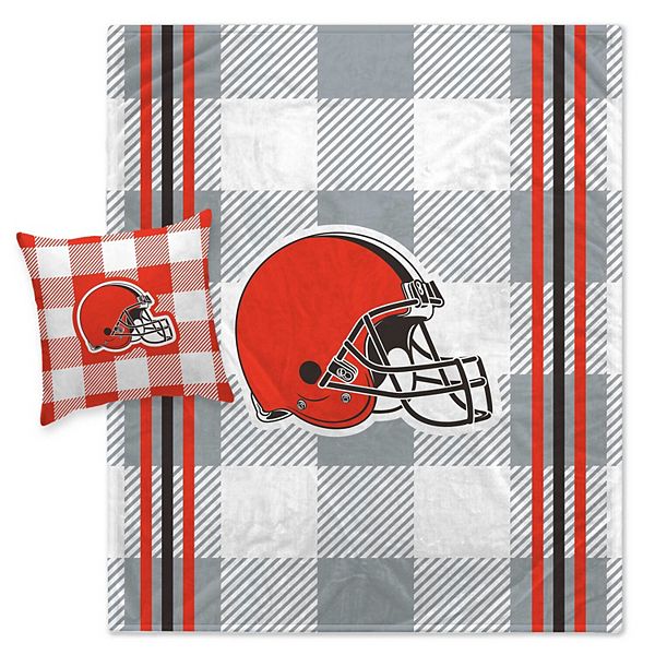 Pegasus Cleveland Browns Gray Plaid Stripes Blanket And Pillow Combo Set