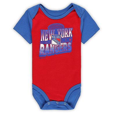 Infant Mitchell & Ness Red/Blue New York Rangers Big Score 3-Pack Bodysuit, Bib and Bootie Set