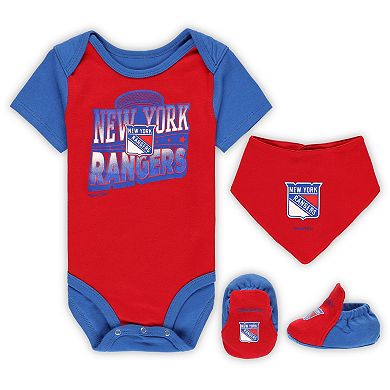Infant Mitchell & Ness Red/Blue New York Rangers Big Score 3-Pack Bodysuit, Bib and Bootie Set