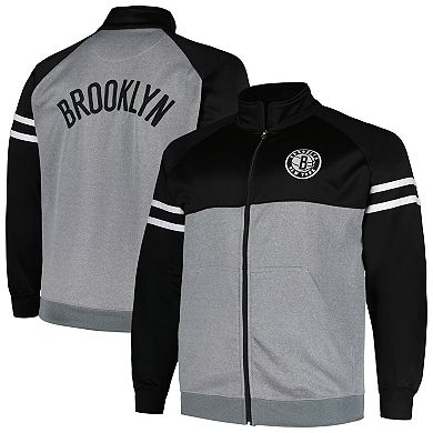 Men's Fanatics Branded Black/Heather Gray Brooklyn Nets Big & Tall Pieced Stripe Raglan Full-Zip Track Jacket