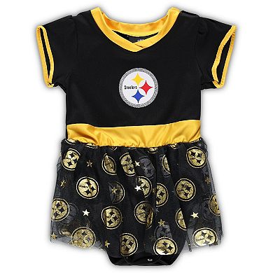 Girls Infant Black Pittsburgh Steelers Tailgate Game Day Bodysuit with Tutu, Headband & Leggings Cheerleader Set
