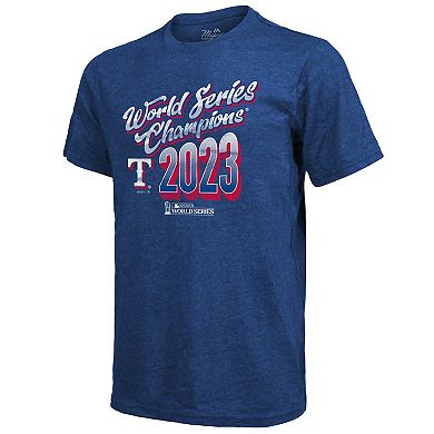 Men's Majestic Threads  Royal Texas Rangers 2023 World Series Champions Life Of The Party Tri-Blend Roster T-Shirt