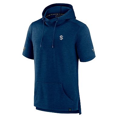 Men's Fanatics Branded Heather Deep Sea Blue Seattle Kraken Authentic Pro Short Sleeve Pullover Hoodie