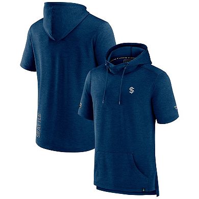 Men's Fanatics Branded Heather Deep Sea Blue Seattle Kraken Authentic Pro Short Sleeve Pullover Hoodie