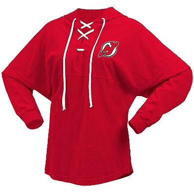 Women's Fanatics Branded Red New Jersey Devils Jersey Lace-Up V-Neck Long Sleeve Hoodie T-Shirt