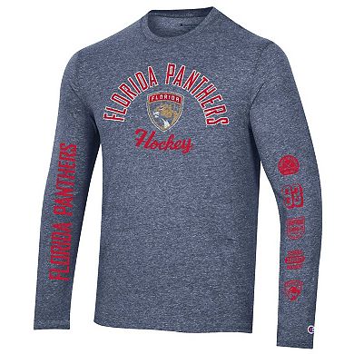 Men's Champion Heather Navy Florida Panthers Multi-Logo Tri-Blend Long Sleeve T-Shirt