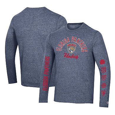 Men's Champion Heather Navy Florida Panthers Multi-Logo Tri-Blend Long Sleeve T-Shirt