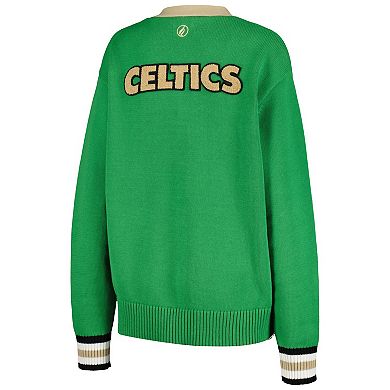 Women's FISLL Kelly Green Boston Celtics Chenille Letterman Cardigan Sweater