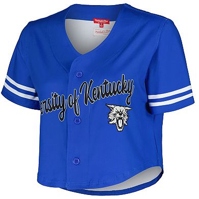 Women's Mitchell & Ness Royal Kentucky Wildcats Vault Cropped V-Neck Button-Up Shirt